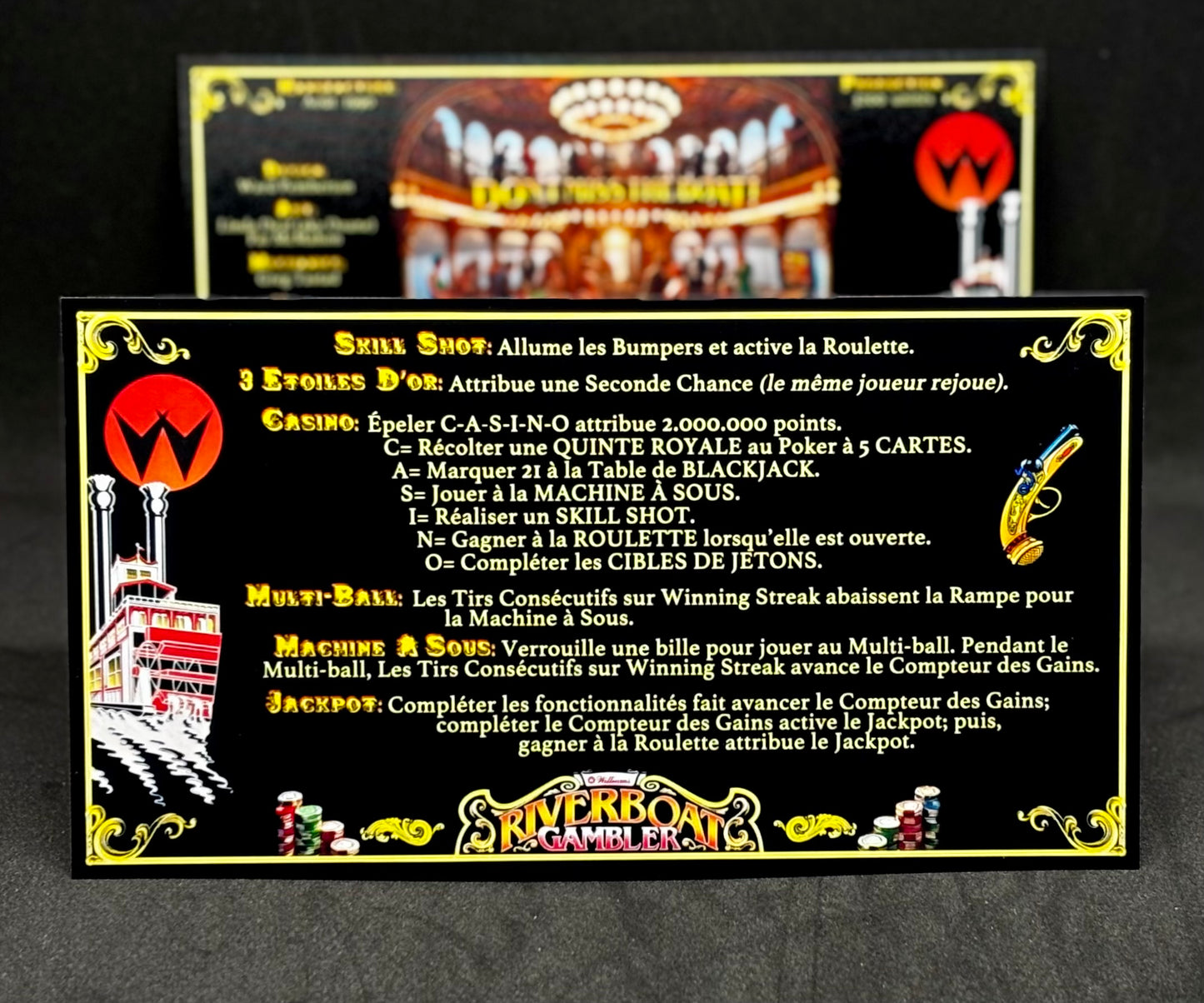 Instrucciones de las tarjetas del juego Williams Riverboat Gambler de 1990, máquina de pinball, delantal personalizado, reglas impresas (versión 2)