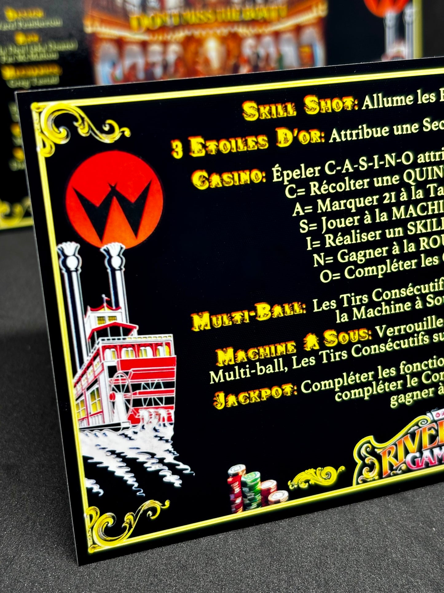 Instrucciones de las tarjetas del juego Williams Riverboat Gambler de 1990, máquina de pinball, delantal personalizado, reglas impresas (versión 2)