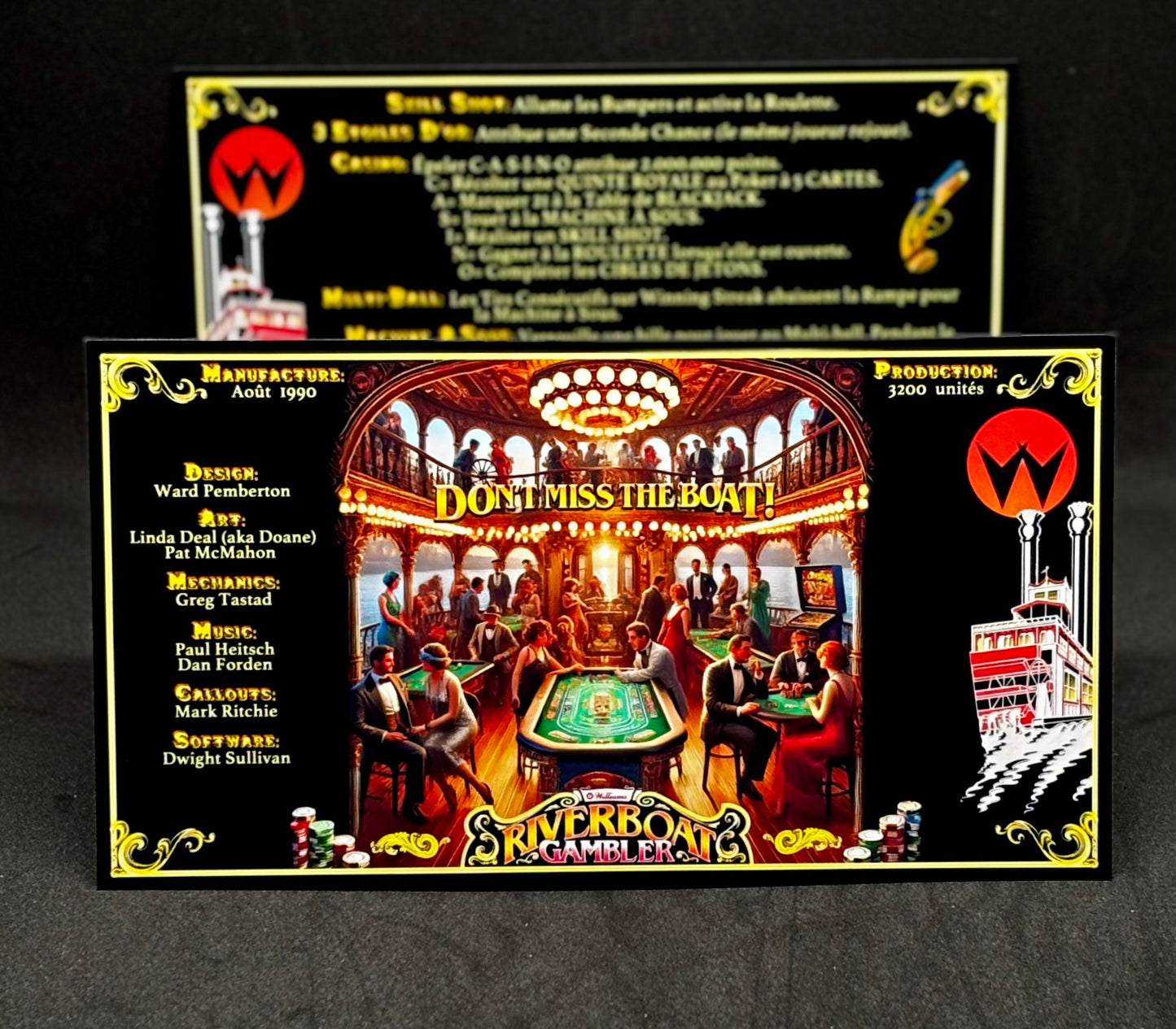 Instrucciones de las tarjetas del juego Williams Riverboat Gambler de 1990, máquina de pinball, delantal personalizado, reglas impresas (versión 2)