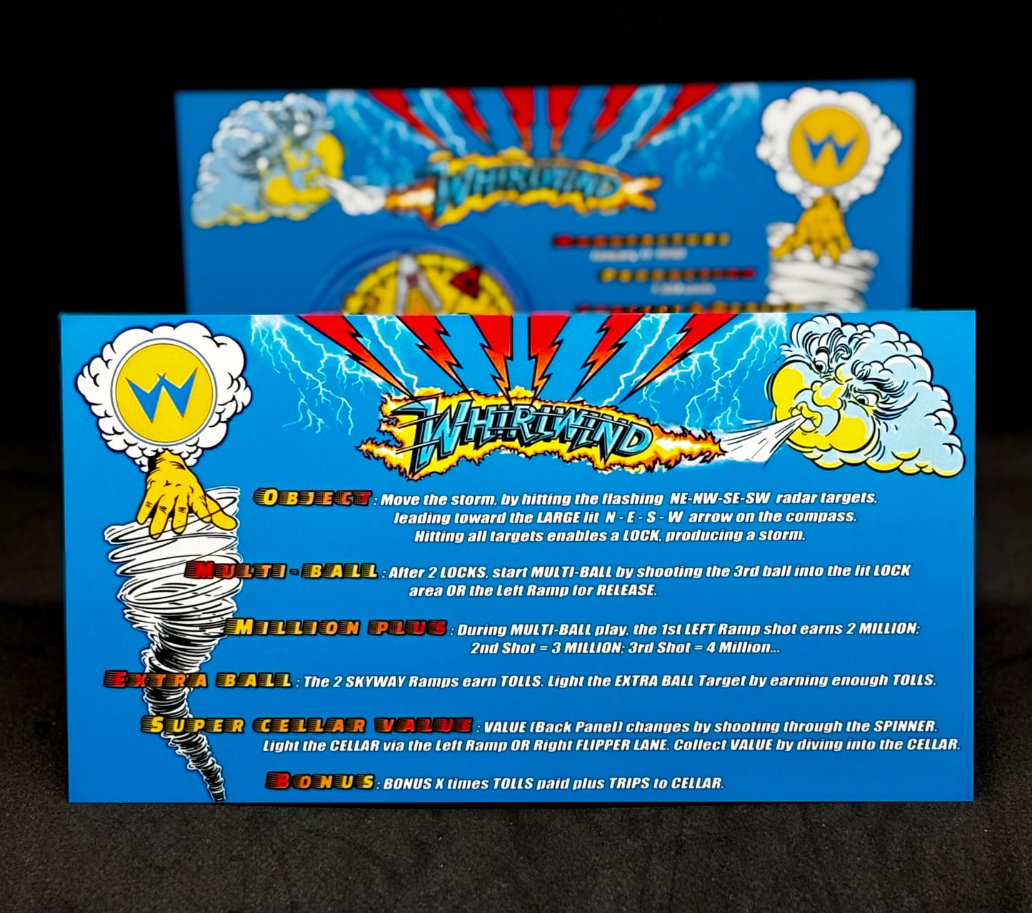 Instrucciones de las tarjetas del juego Williams Whirlwind 1990, máquina de pinball, delantal personalizado, reglas impresas