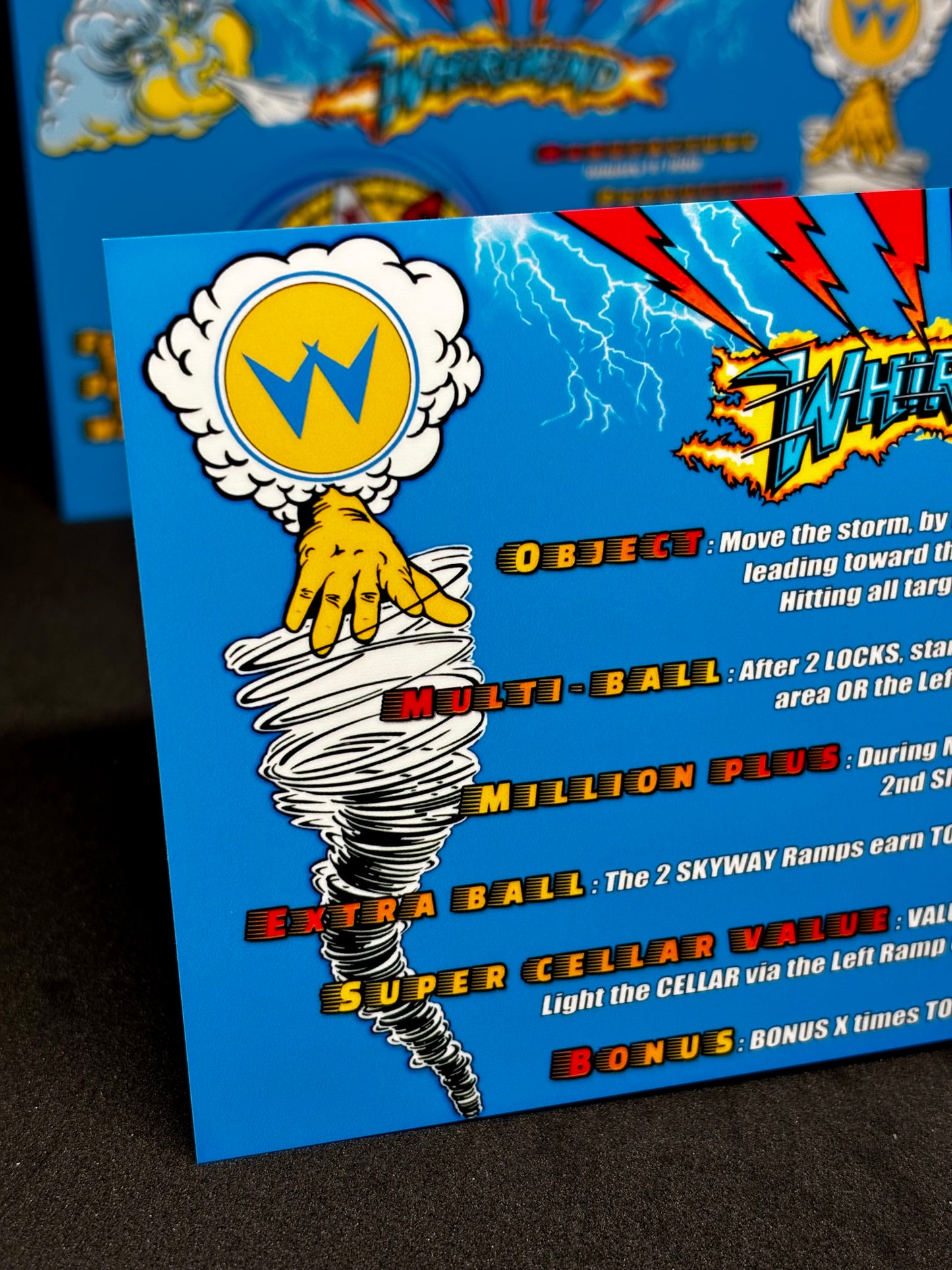Instrucciones de las tarjetas del juego Williams Whirlwind 1990, máquina de pinball, delantal personalizado, reglas impresas