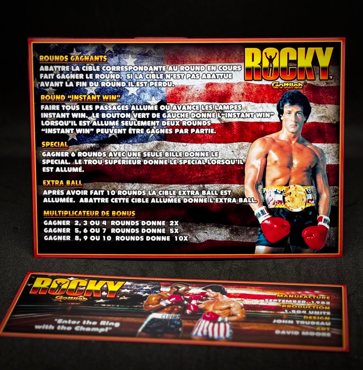Instrucciones de las tarjetas del juego Gottlieb Rocky 1982 Pinball V1 Tarjetas de delantal de pinball con impresión personalizada