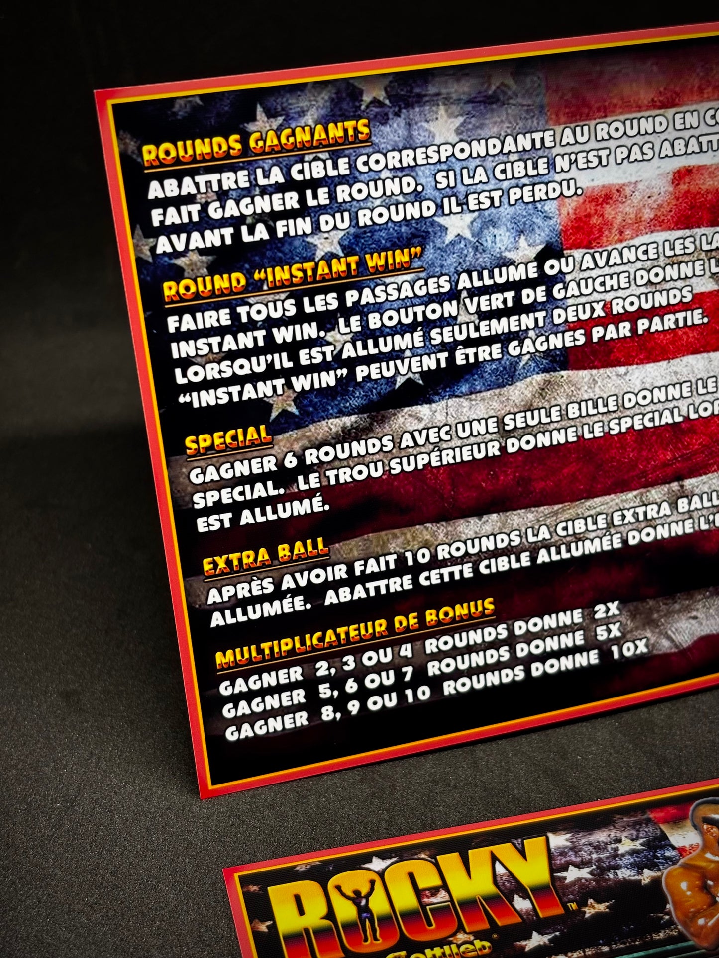 Instrucciones de las tarjetas del juego Gottlieb Rocky 1982 Pinball V1 Tarjetas de delantal de pinball con impresión personalizada