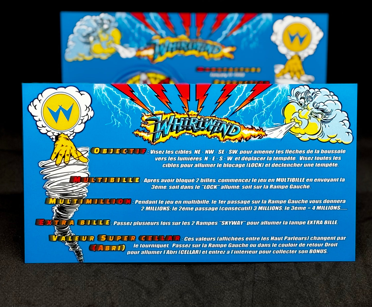 Instrucciones de las tarjetas del juego Williams Whirlwind 1990, máquina de pinball, delantal personalizado, reglas impresas