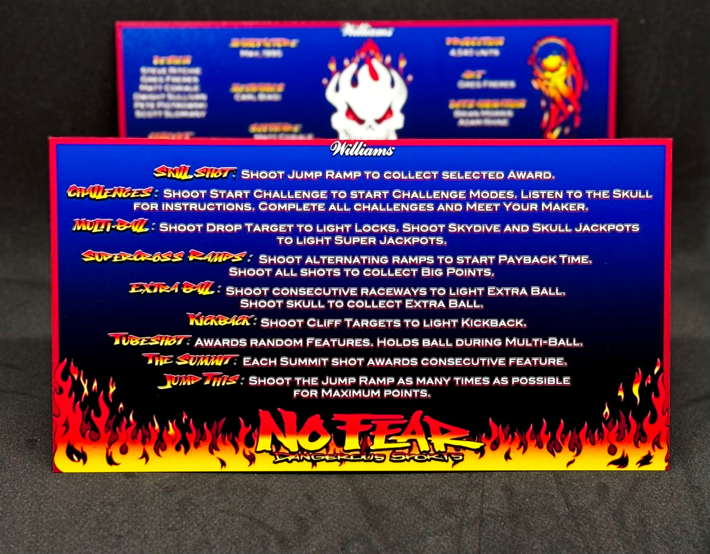 Instrucciones de las tarjetas del juego Williams No Fear Dangerous Sports 1995, delantal personalizado de pinball, reglas impresas