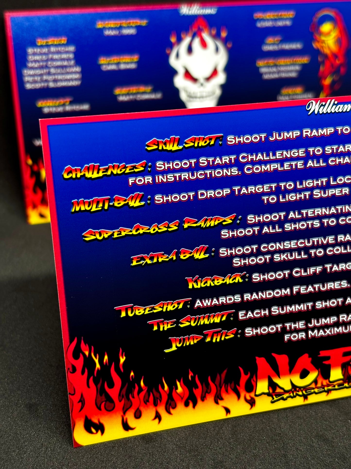Instrucciones de las tarjetas del juego Williams No Fear Dangerous Sports 1995, delantal personalizado de pinball, reglas impresas