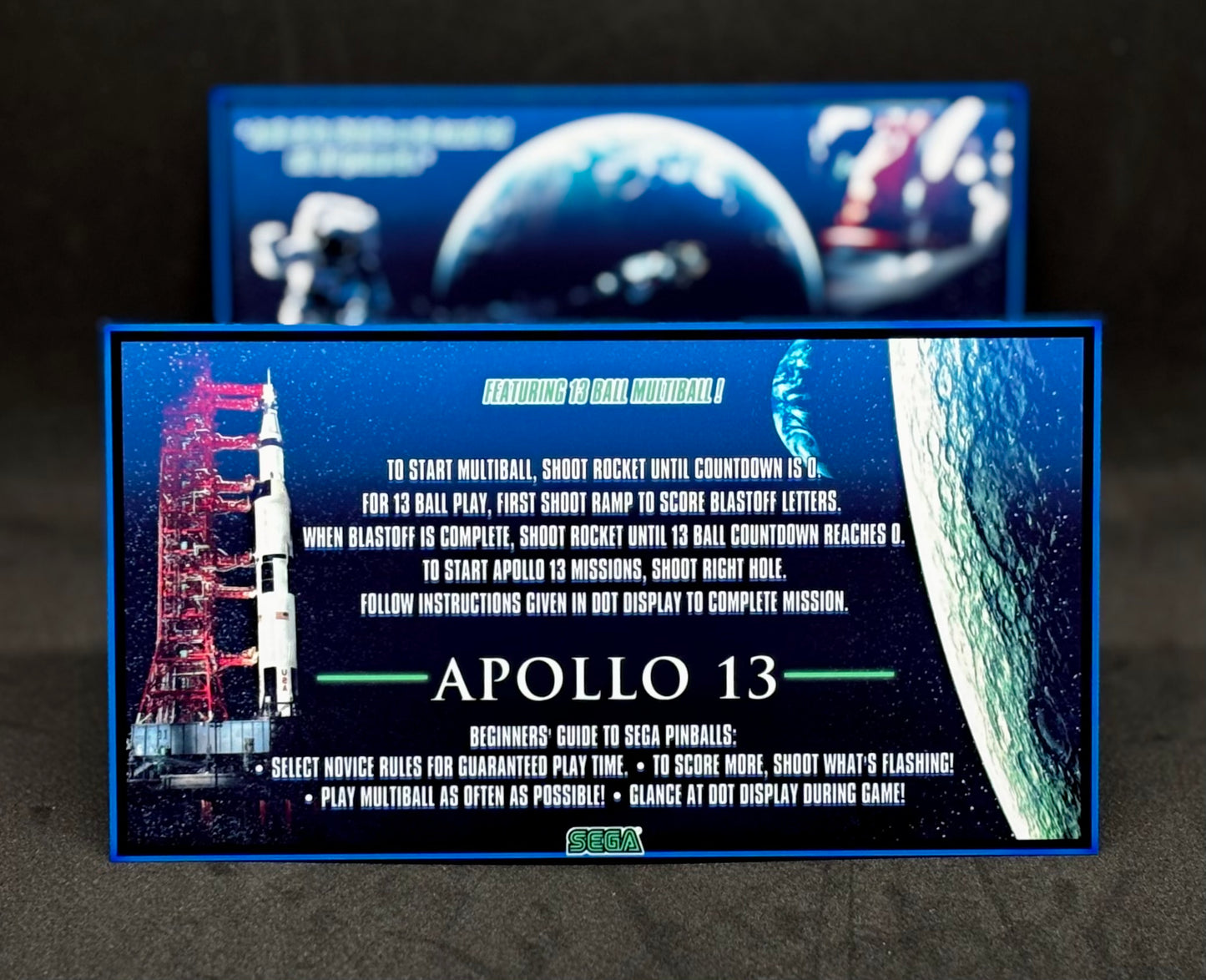 Instrucciones de las tarjetas de juego SEGA Apollo 13 de 1995 para pinball: tarjetas de pinball personalizadas con impresión personalizada
