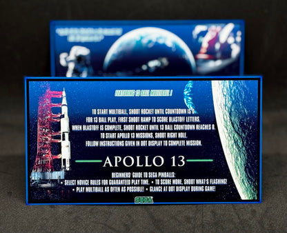 Instrucciones de las tarjetas del juego SEGA Apollo 13 1995 Delantal personalizado de pinball con reglas impresas