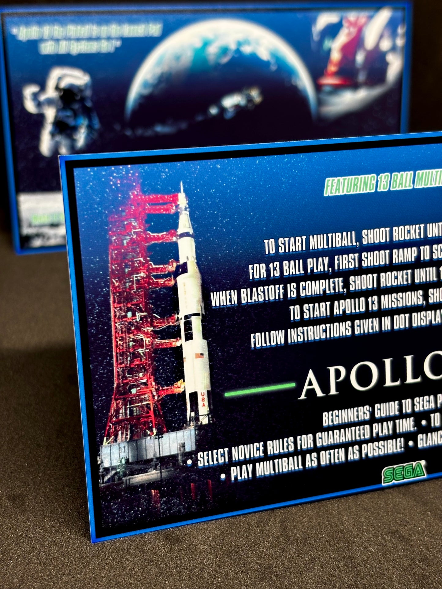 Instrucciones de las tarjetas de juego SEGA Apollo 13 de 1995 para pinball: tarjetas de pinball personalizadas con impresión personalizada