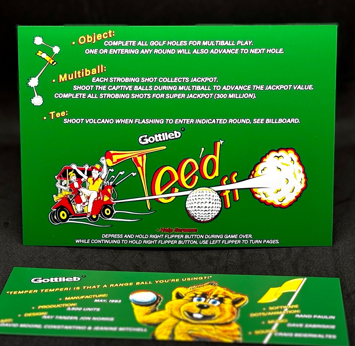 Instrucciones de las tarjetas de juego Gottlieb TEE'D OFF 1993 Pinball - Tarjetas de delantal de pinball con impresión personalizada