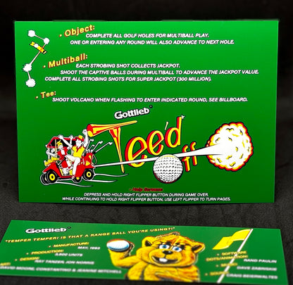 Gottlieb TEE'D OFF 1993 Game Cards Instructions Pinball Custom Apron printed rules