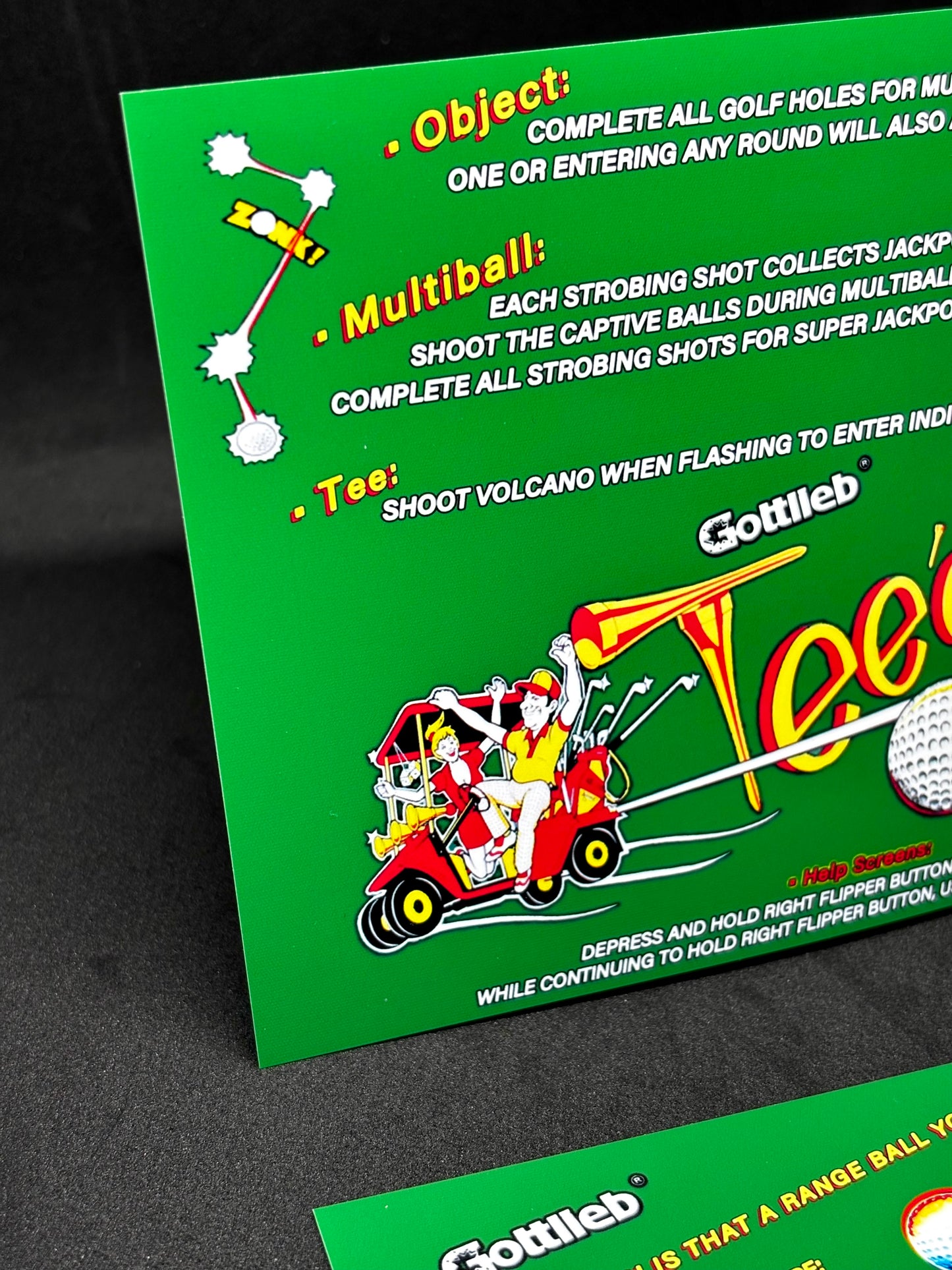 Instrucciones de las tarjetas de juego Gottlieb TEE'D OFF 1993 Pinball - Tarjetas de delantal de pinball con impresión personalizada