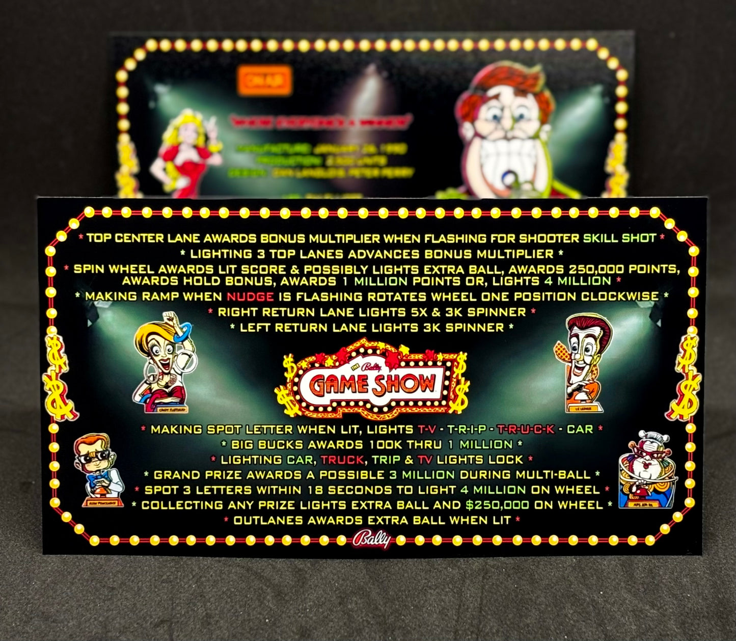 Instrucciones de las tarjetas del juego Bally Game Show 1990, máquina de pinball, delantal personalizado, reglas impresas