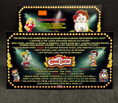Instrucciones de las tarjetas del juego Bally Game Show 1990, máquina de pinball, delantal personalizado, reglas impresas