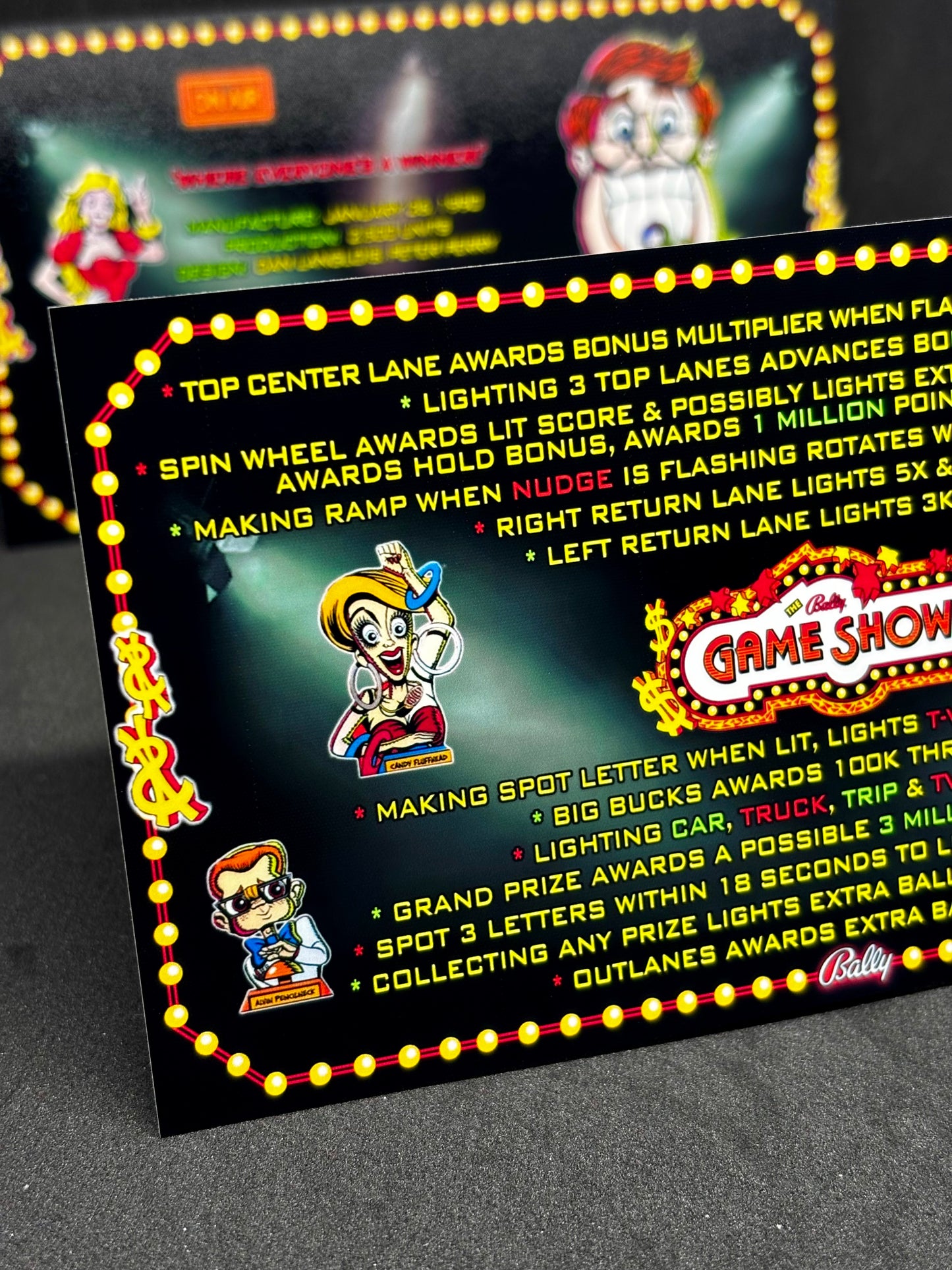 Instrucciones de las tarjetas del juego Bally Game Show 1990, máquina de pinball, delantal personalizado, reglas impresas