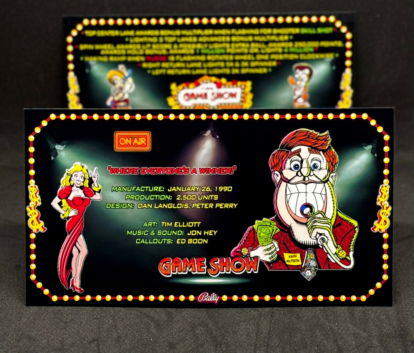 Instrucciones de las tarjetas del juego Bally Game Show 1990, máquina de pinball, delantal personalizado, reglas impresas