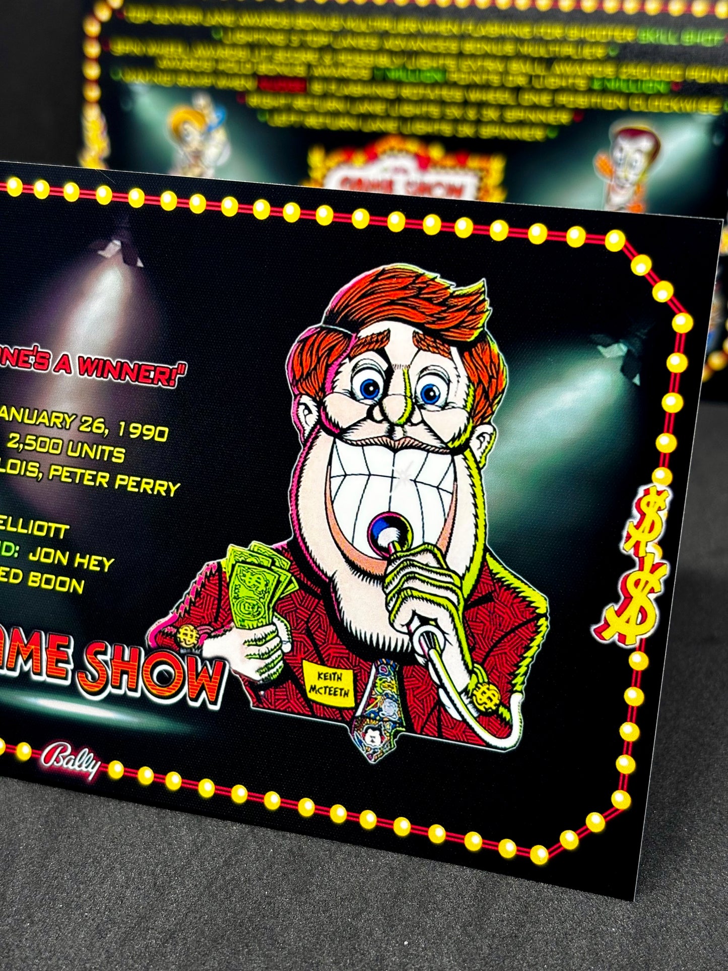 Instrucciones de las tarjetas del juego Bally Game Show 1990, máquina de pinball, delantal personalizado, reglas impresas