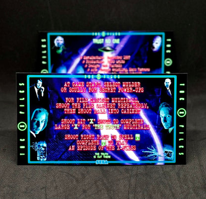 Instrucciones de las tarjetas del juego SEGA The X-Files 1997 Delantal personalizado de pinball con reglas impresas