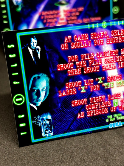Instrucciones de las tarjetas del juego SEGA The X-Files 1997 Delantal personalizado de pinball con reglas impresas