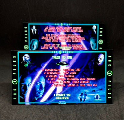 Instrucciones de las tarjetas del juego SEGA The X-Files 1997 Delantal personalizado de pinball con reglas impresas