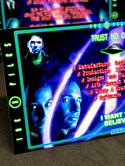 Instrucciones de las tarjetas del juego SEGA The X-Files 1997 Delantal personalizado de pinball con reglas impresas