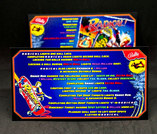 Bally Radical 1990 Jeu Cartes Instructions Flipper Custom Apron règles imprimées