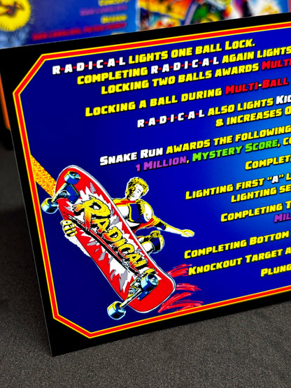 Bally Radical 1990 Game Cards Instructions Pinball Custom Apron Printed Rules