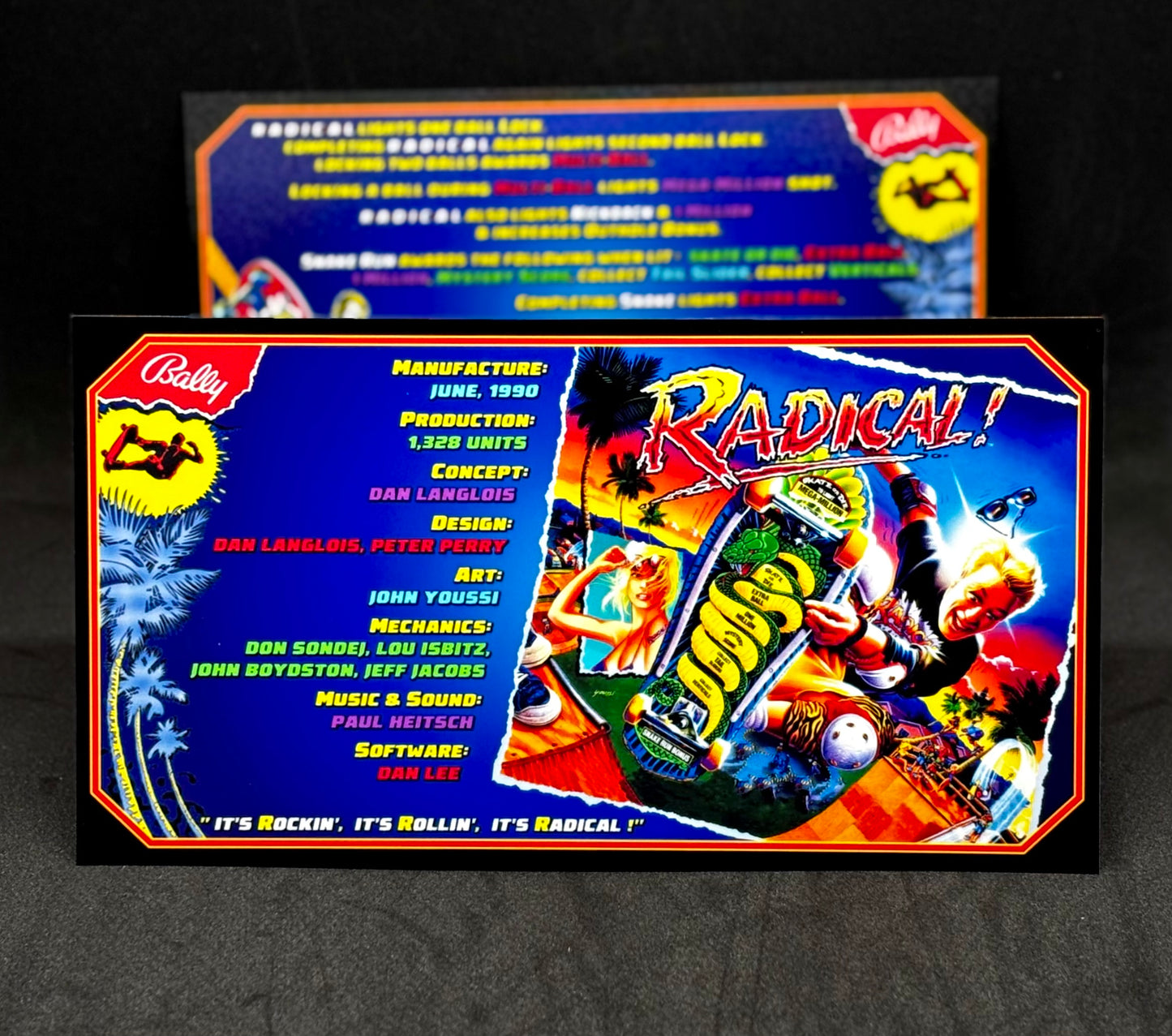 Bally Radical 1990 Jeu Cartes Instructions Flipper Custom Apron règles imprimées