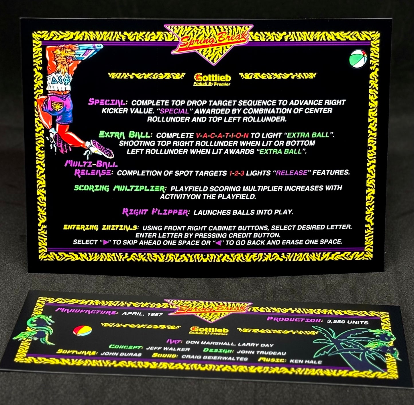 Instrucciones para tarjetas de juego de pinball Gottlieb Spring Break 1987: tarjetas de pinball personalizadas con impresión de delantal