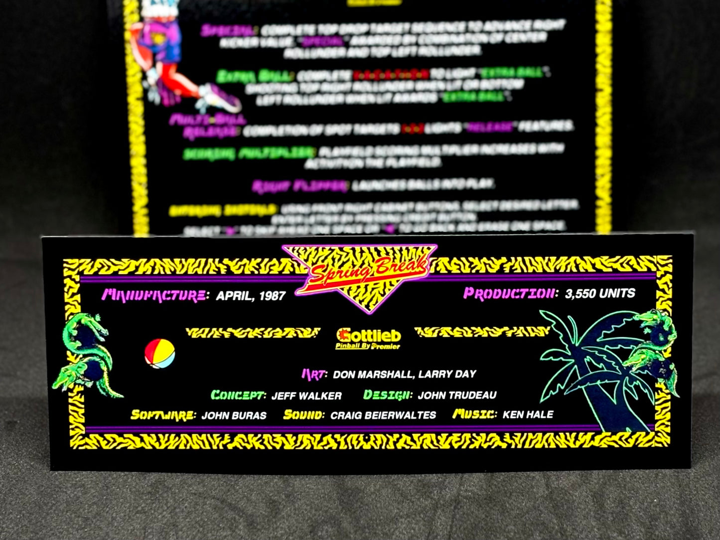 Instrucciones para tarjetas de juego de pinball Gottlieb Spring Break 1987: tarjetas de pinball personalizadas con impresión de delantal