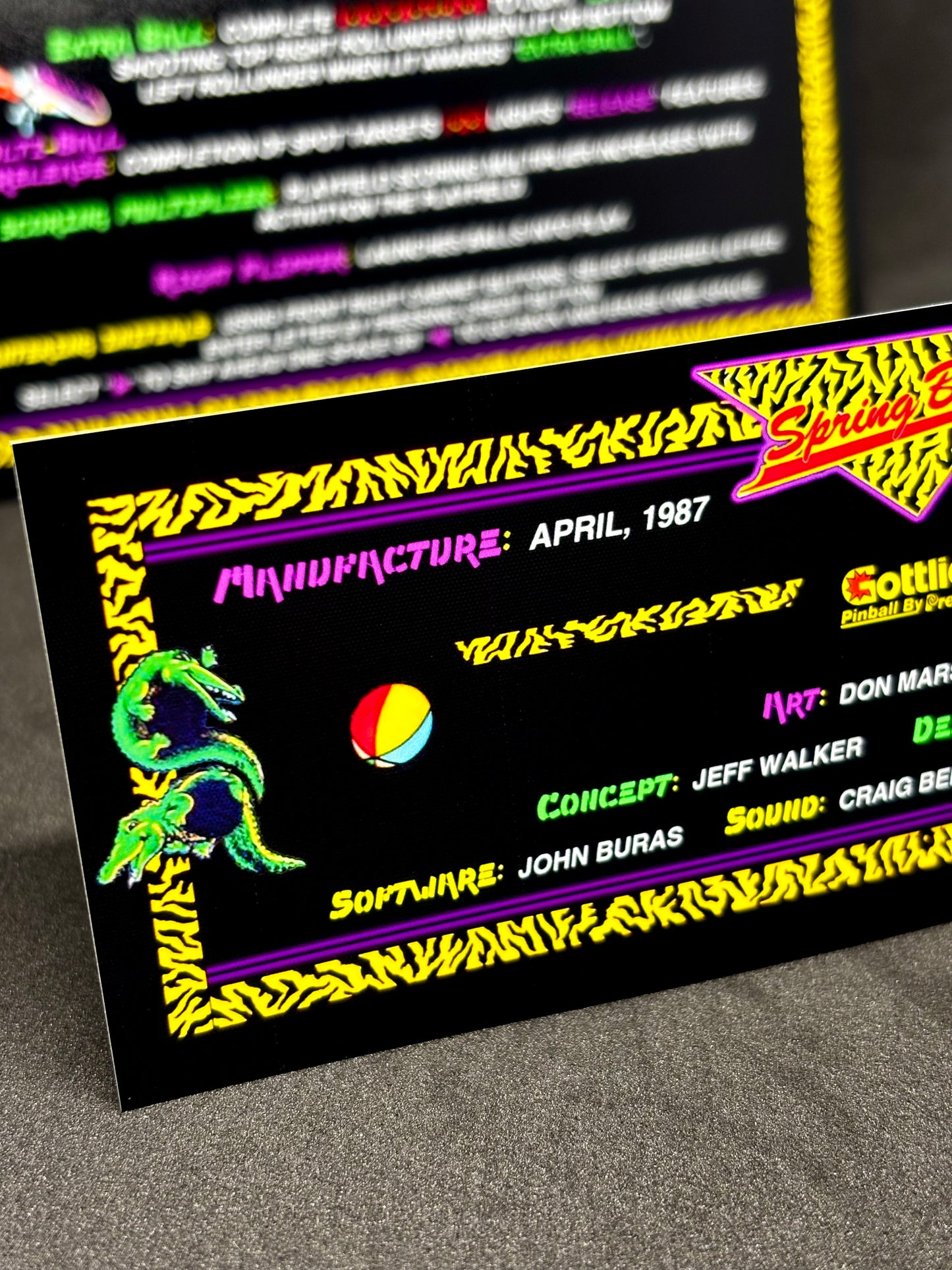 Instrucciones para tarjetas de juego de pinball Gottlieb Spring Break 1987: tarjetas de pinball personalizadas con impresión de delantal