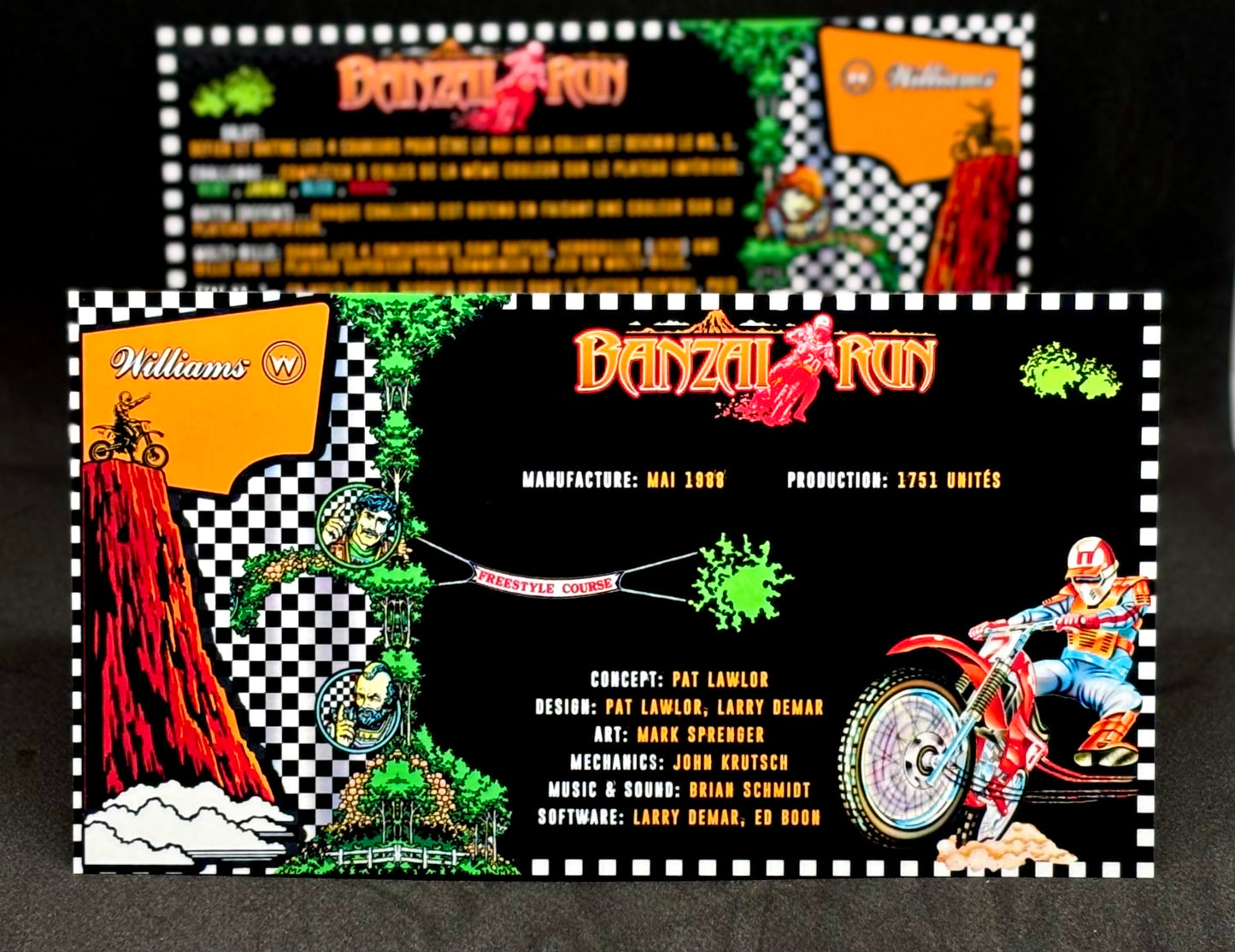 Williams Banzai Run 1988 Jeu Cartes Instructions Flipper Custom Apron règles imprimées