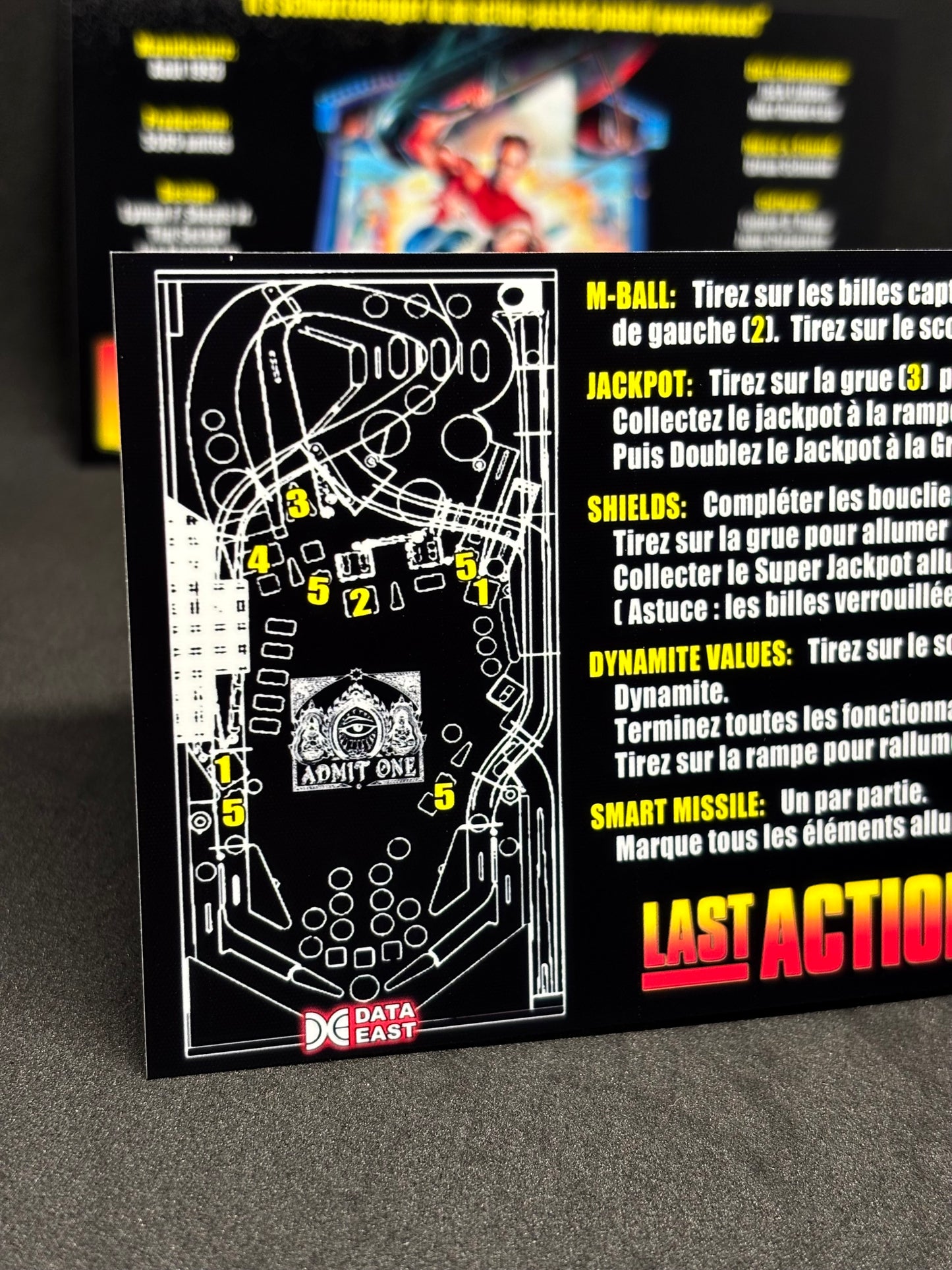 Instrucciones de las tarjetas del juego Data East Last Action Hero 1993 Pinball versión 3 - Tarjetas de pinball personalizadas con impresión personalizada