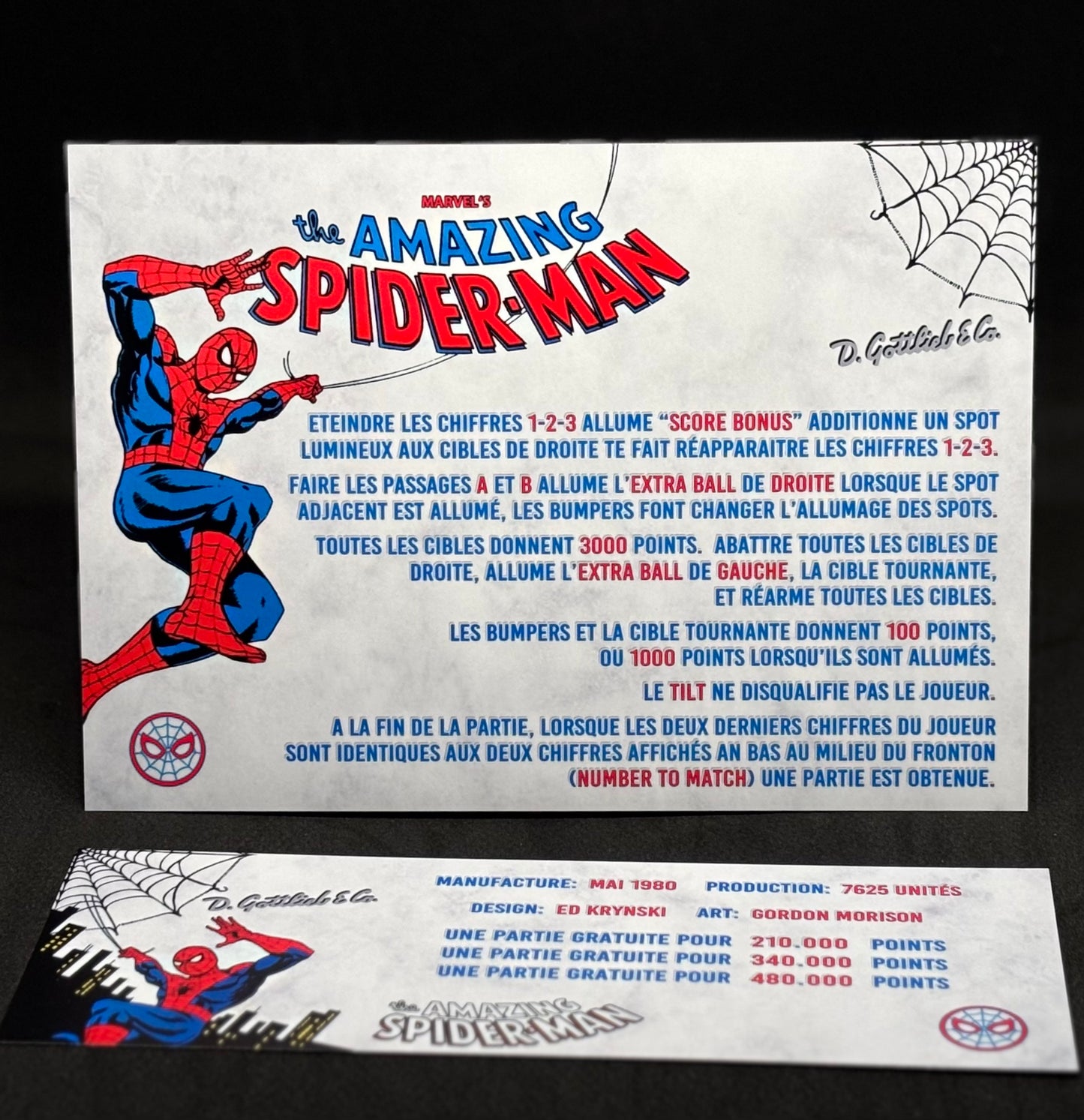 Instrucciones de las tarjetas de juego Gottlieb Spider-Man 1980 Pinball - Tarjetas de pinball personalizadas con impresión personalizada