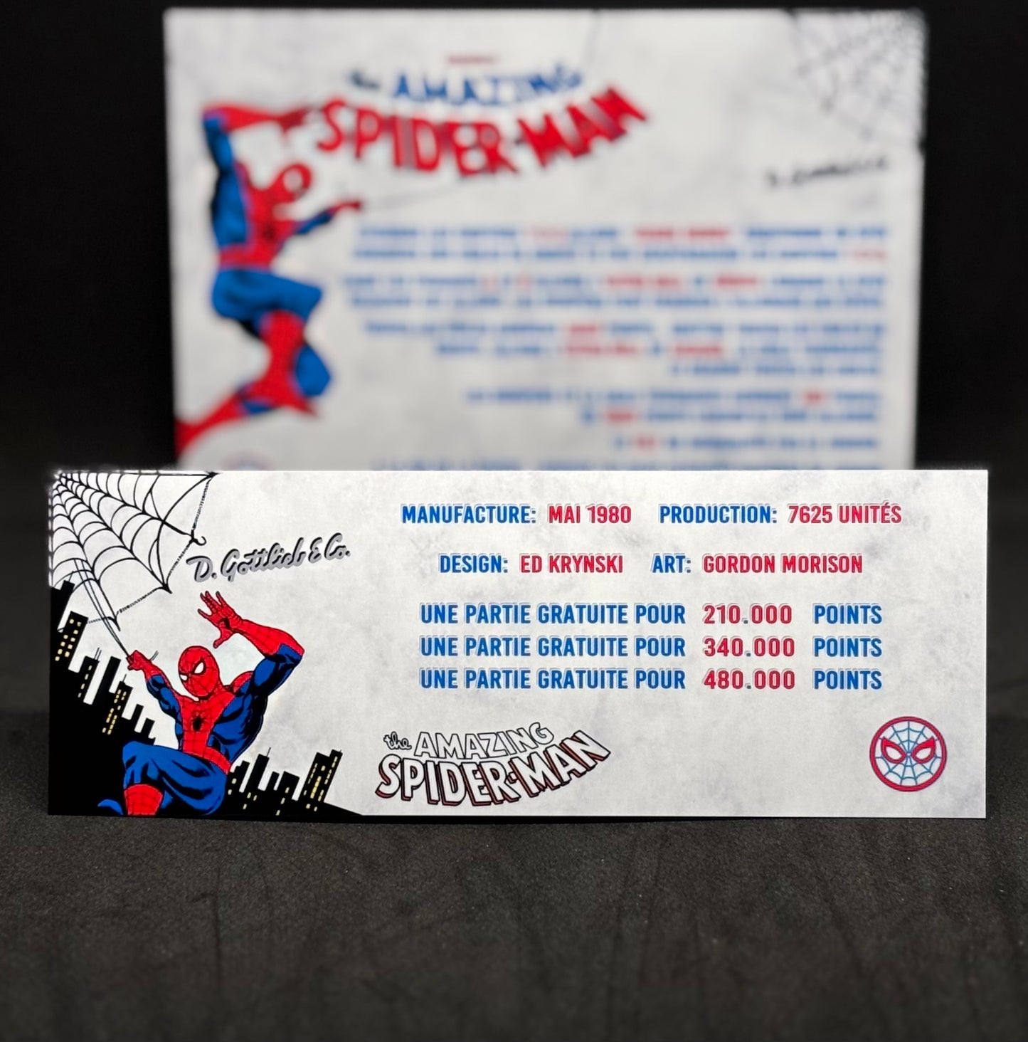 Instrucciones de las tarjetas de juego Gottlieb Spider-Man 1980 Pinball - Tarjetas de pinball personalizadas con impresión personalizada