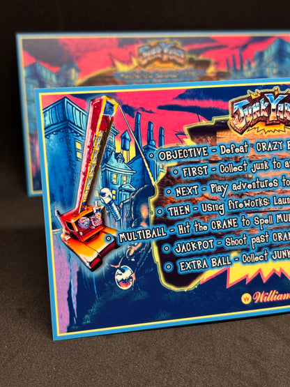 Instrucciones de las tarjetas del juego Williams Junk Yard 1996, delantal personalizado de pinball, reglas impresas