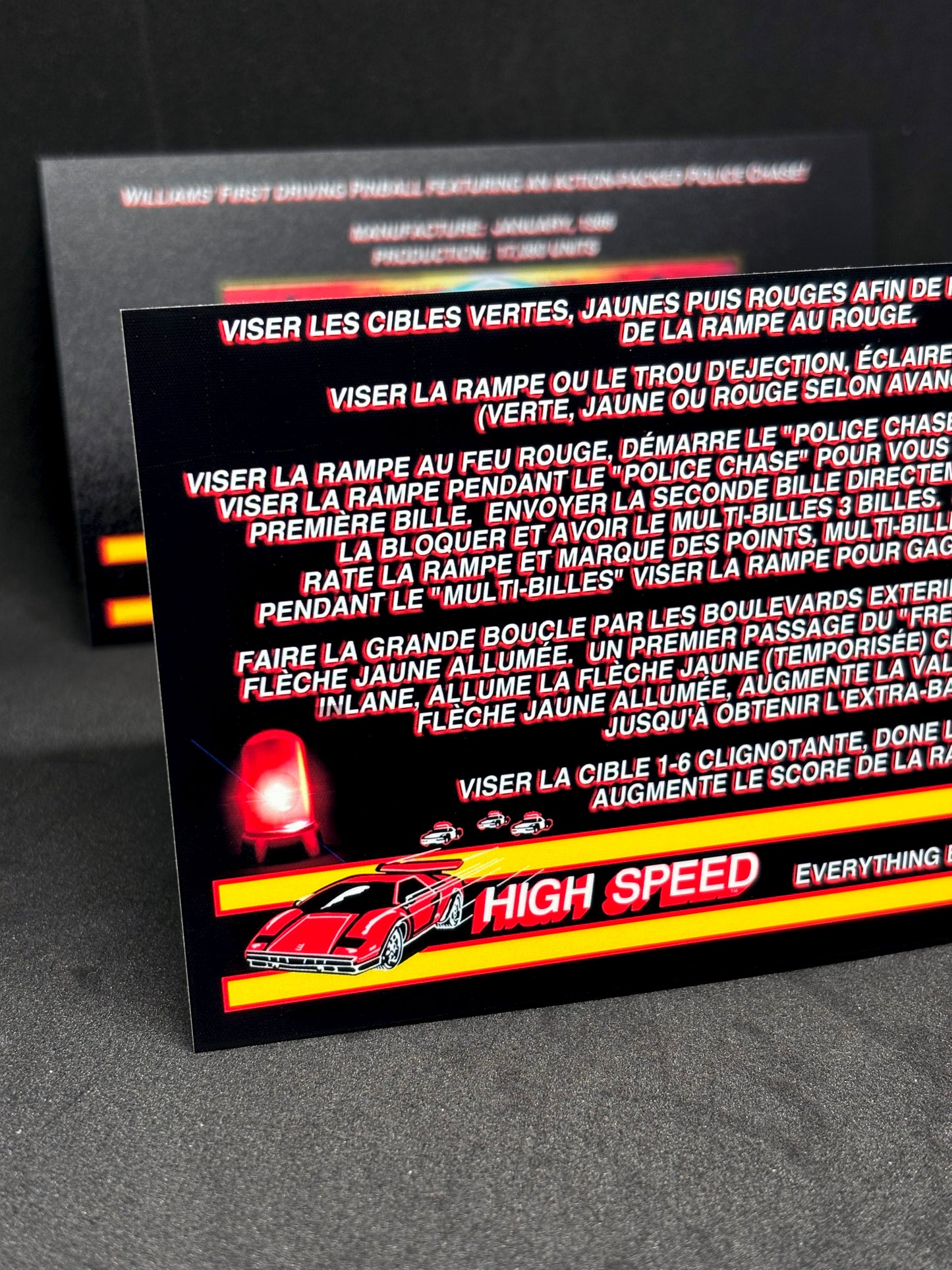 Williams HIGH SPEED 1986 Jeu Cartes Instructions Flipper Custom Apron règles imprimées