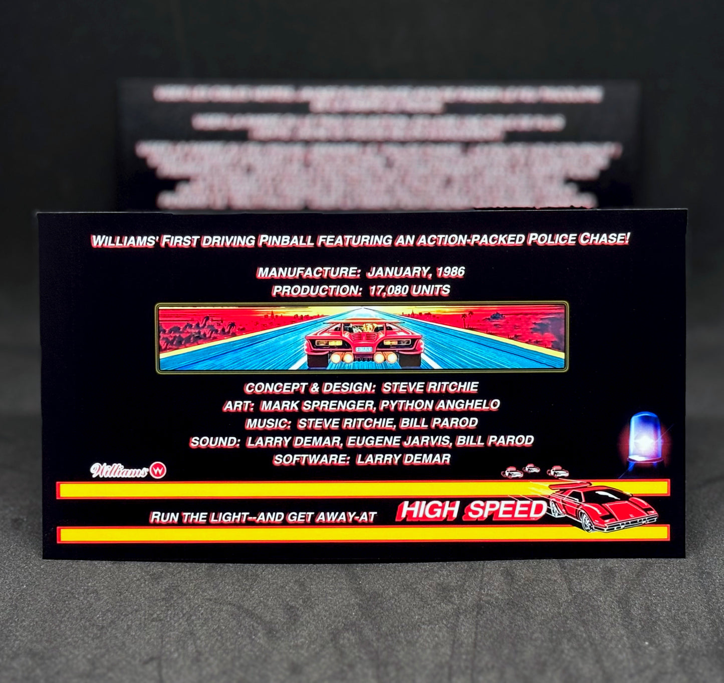 Williams HIGH SPEED 1986 Jeu Cartes Instructions Flipper Custom Apron règles imprimées