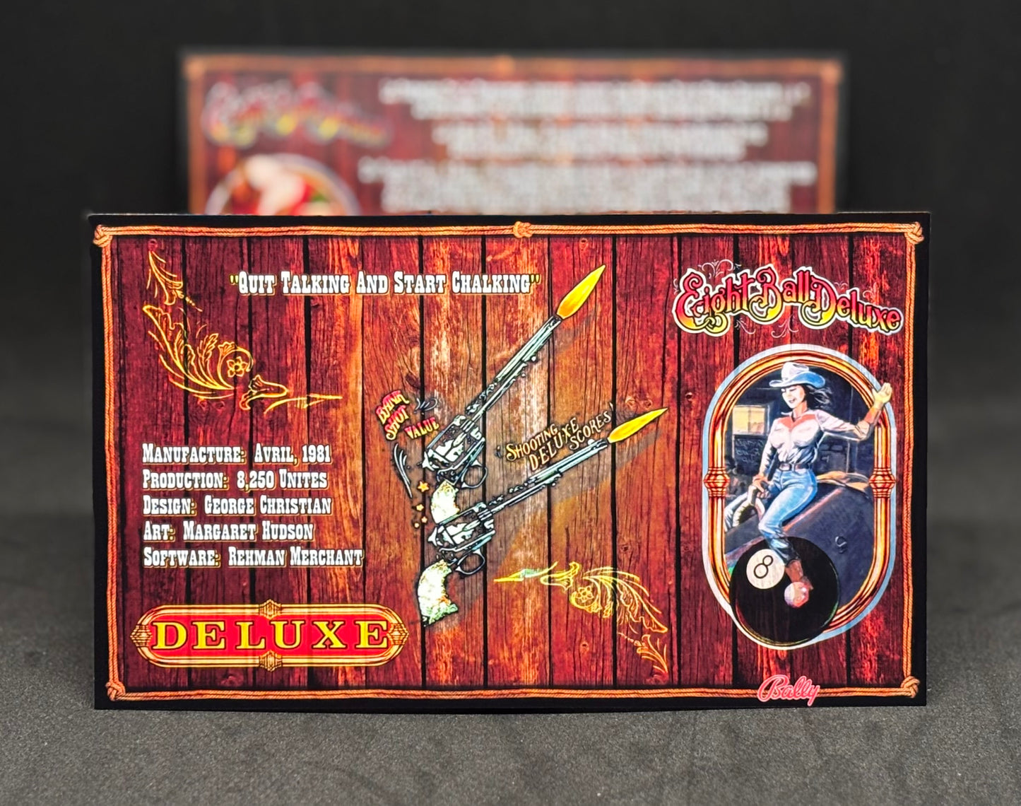 Instrucciones de las tarjetas del juego Bally Eight Ball Deluxe 1981 (F) Pinball Delantal personalizado Reglas impresas M-1508-98F