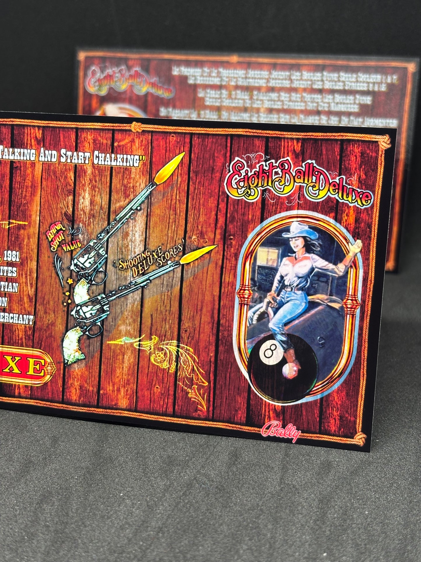 Instrucciones de las tarjetas del juego Bally Eight Ball Deluxe 1981 (F) Pinball Delantal personalizado Reglas impresas M-1508-98F