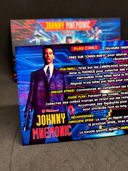 Instrucciones de las tarjetas del juego Williams Johnny Mnemonic de 1995. Delantal personalizado con reglas impresas.