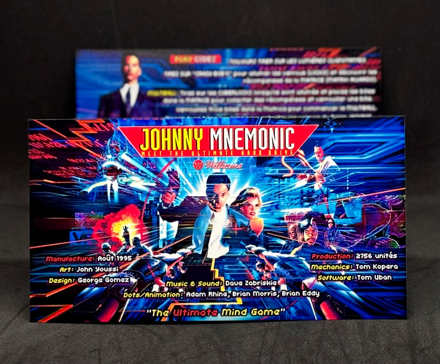 Instrucciones de las tarjetas del juego Williams Johnny Mnemonic de 1995. Delantal personalizado con reglas impresas.