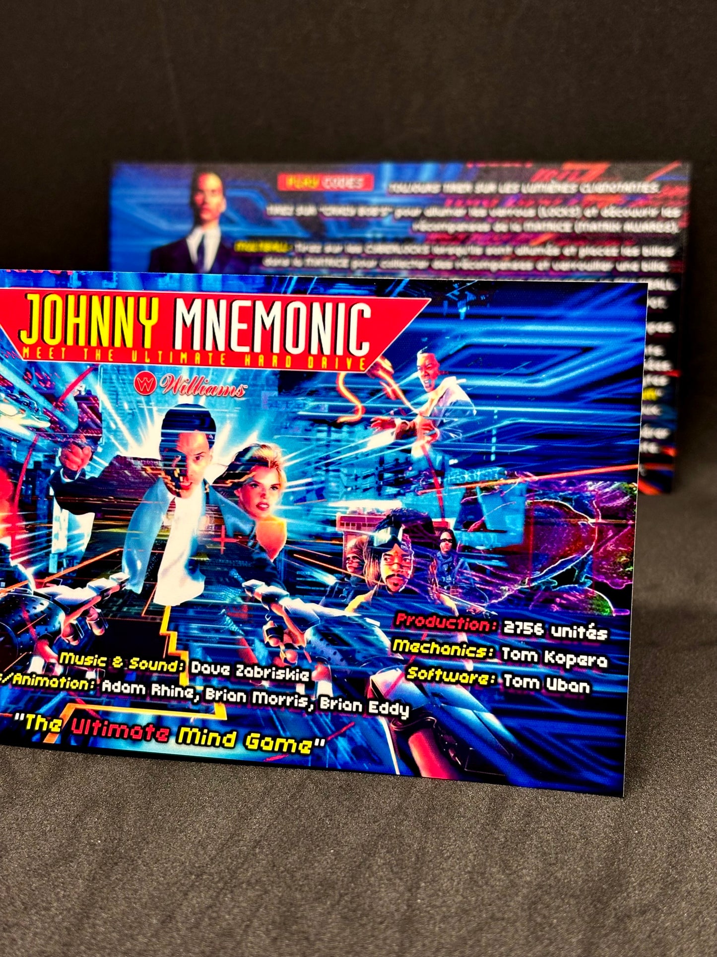 Instrucciones de las tarjetas del juego Williams Johnny Mnemonic de 1995. Delantal personalizado con reglas impresas.