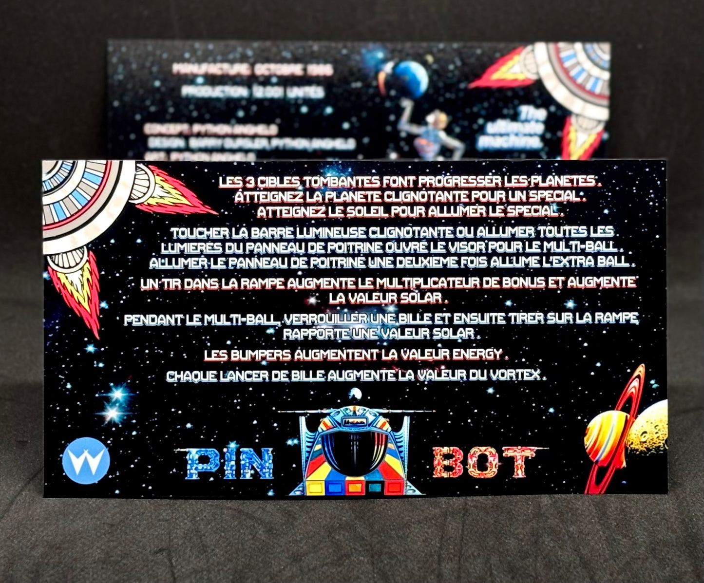 Instrucciones de las tarjetas de juego Williams Pinbot 1986, delantal personalizado de pinball, reglas impresas