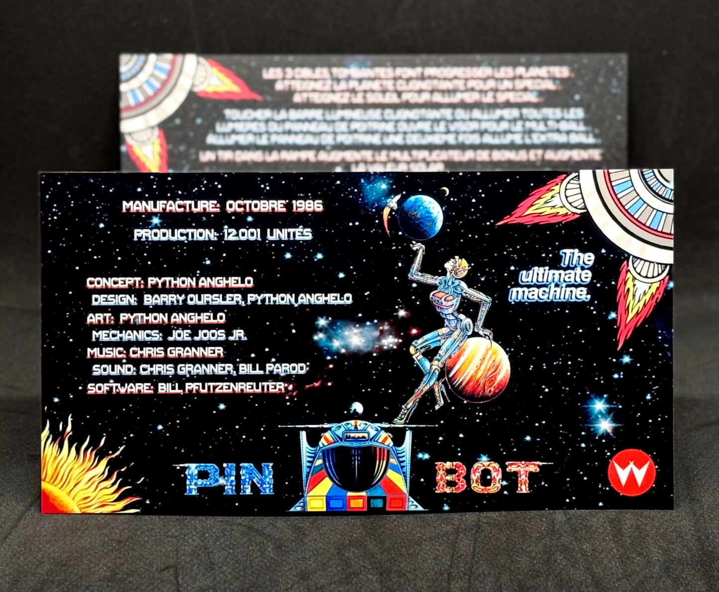 Instrucciones de las tarjetas de juego Williams Pinbot 1986, delantal personalizado de pinball, reglas impresas