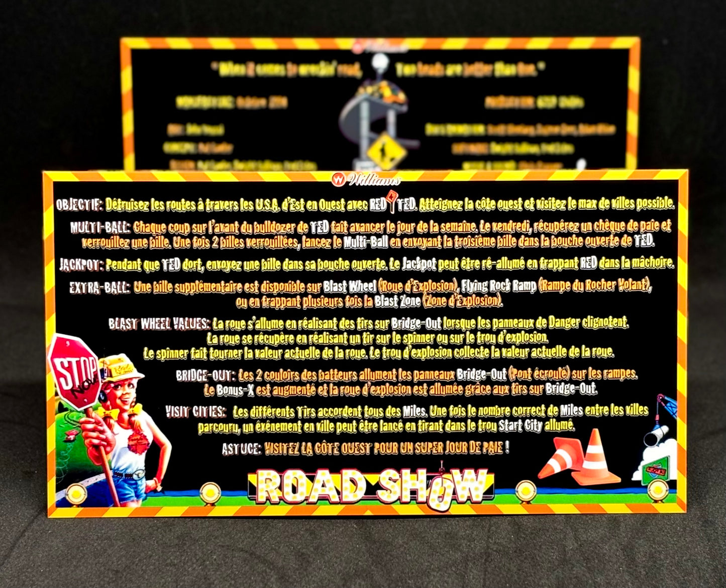 Williams ROAD SHOW RED &amp; TED 1994 Tarjetas de juego Instrucciones Pinball Delantal personalizado Reglas impresas ROADSHOW