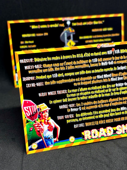 Williams ROAD SHOW RED &amp; TED 1994 Tarjetas de juego Instrucciones Pinball Delantal personalizado Reglas impresas ROADSHOW