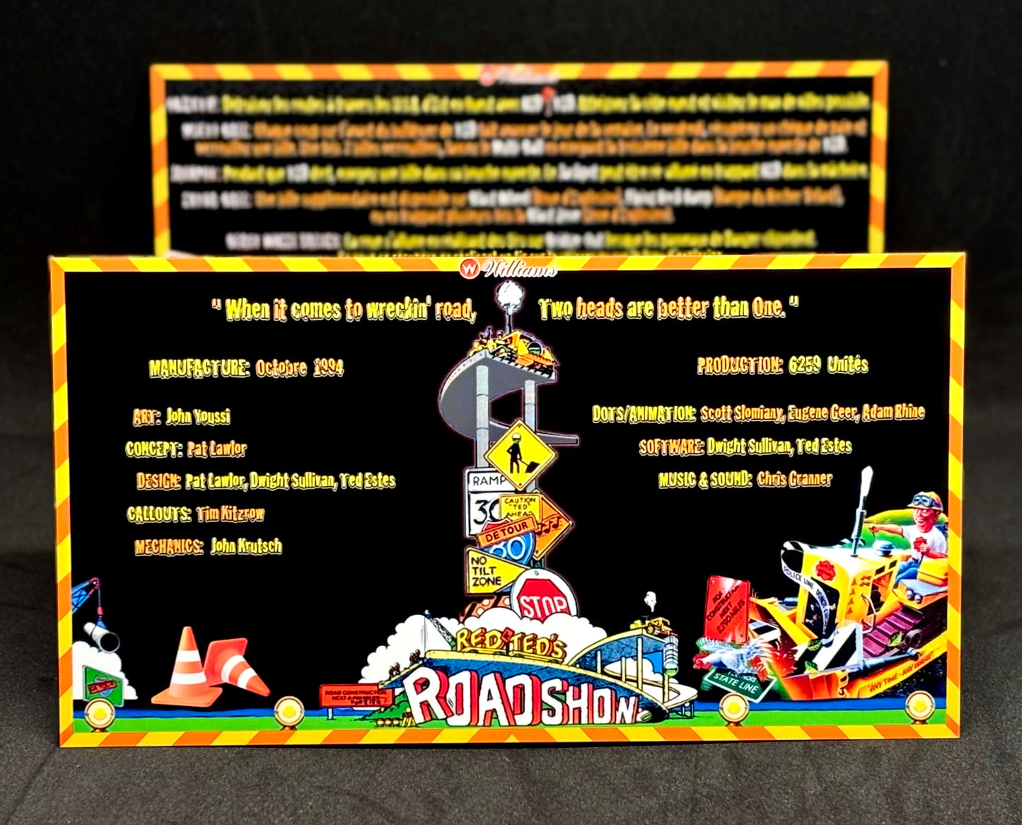 Williams ROAD SHOW RED &amp; TED 1994 Tarjetas de juego Instrucciones Pinball Delantal personalizado Reglas impresas ROADSHOW