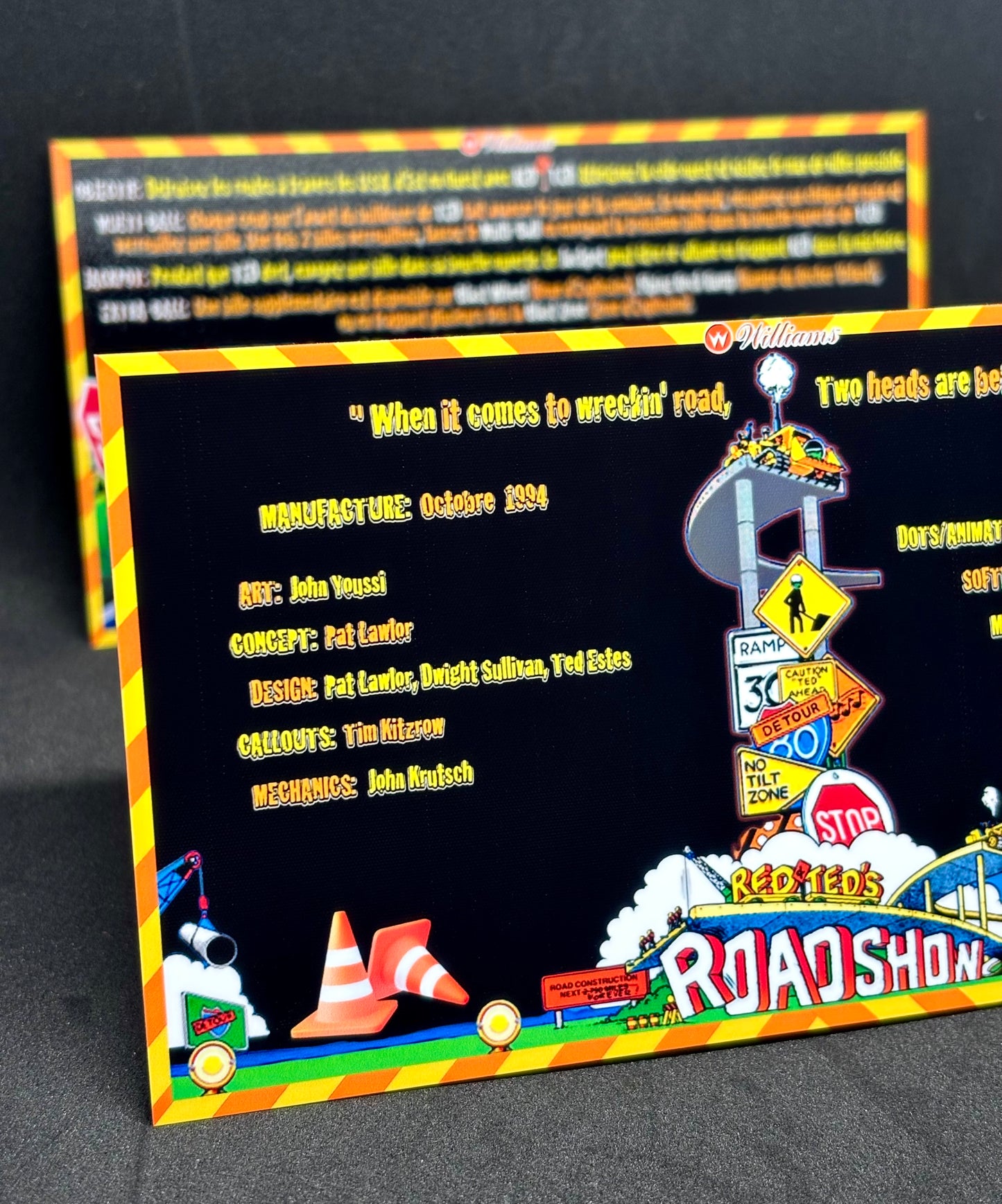 Williams ROAD SHOW RED &amp; TED 1994 Tarjetas de juego Instrucciones Pinball Delantal personalizado Reglas impresas ROADSHOW