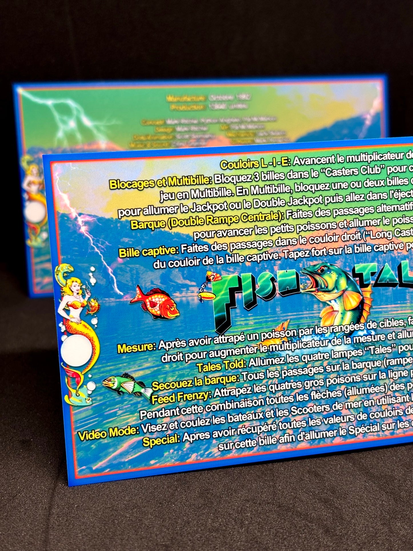 Instrucciones de las tarjetas del juego Williams Fish Tales 1992, delantal personalizado de pinball, reglas impresas V1